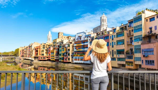 stock image Woman tourist at Girona city,  Catalonia in Spain