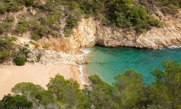 Piękna Dzika Plaża Turkusowe Morze Śródziemne Piasek Costa Brava — Zdjęcie stockowe
