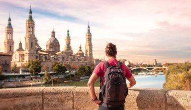 Saragossa Bazilikası 'na bakan erkek turist, İspanya' da Aragon - Zaragoza