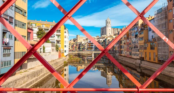 Girona Ciudad Famosa Puente Rojo Casas Colores Río Cataluña España — Foto de Stock