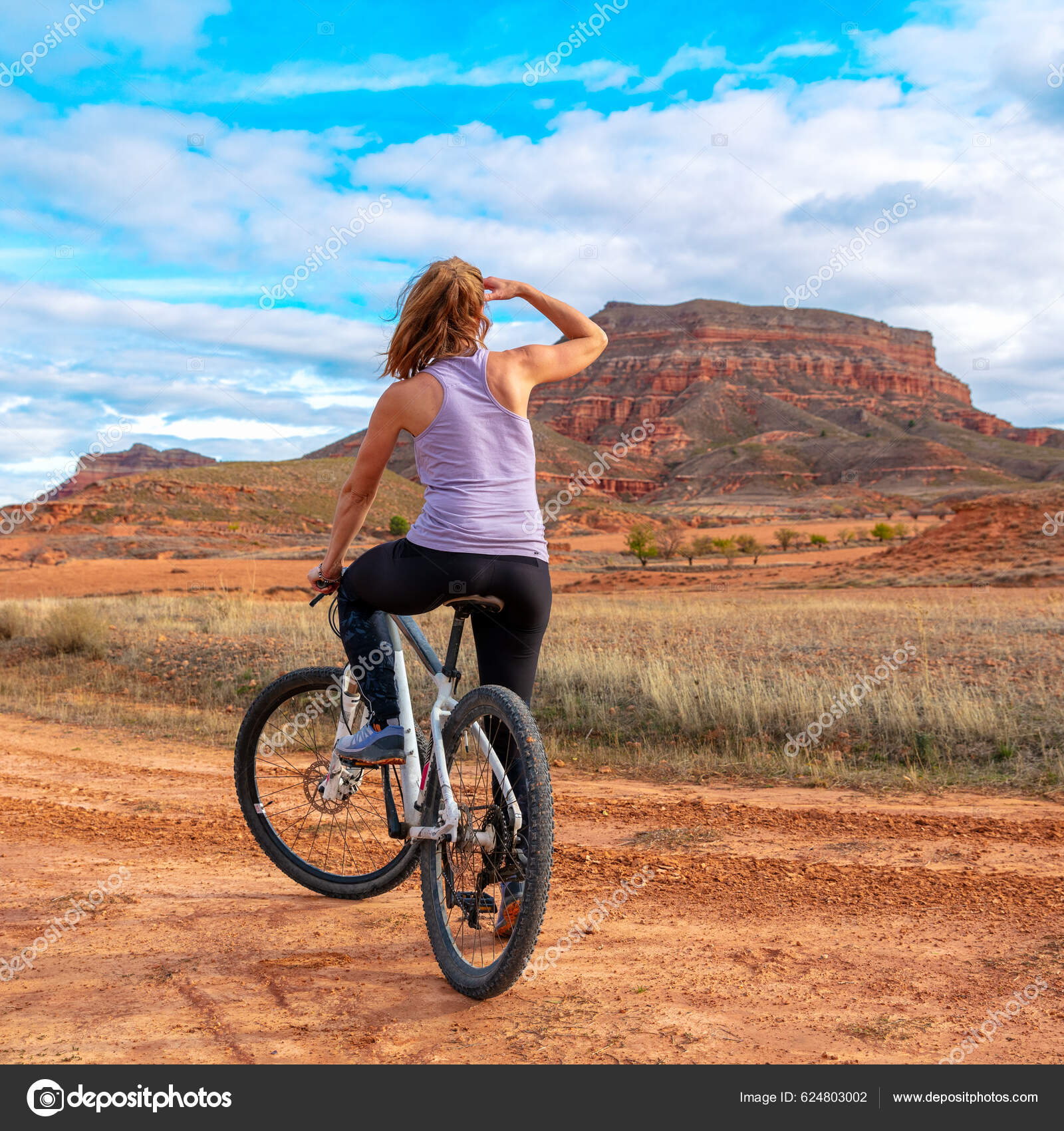 Cyclist Riding Bike Desert Sierra Armantes Aragon Spain Zaragoza