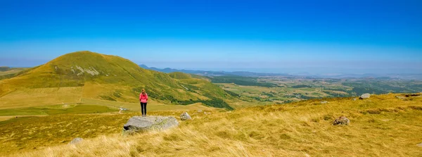 Hiker Woman Looking Panoramic Landscape View Auvergne Cantal France — Stock Photo, Image