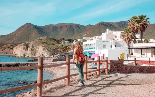 Traveler Woman Backpack Looking Sea Cabo Gata Nijar Almeria Spain — Photo