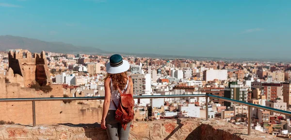 Woman Tourist Enjoying Panoramic Almeria City View — Stock Photo, Image