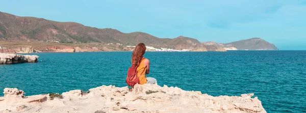 Woman Sitting Rock Looking Ocean Andalusia Spain — Stockfoto