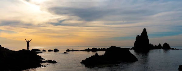 Seascape Almeria Woman Silhouette Sunset Cabo Gata National Park Spain — Stock Photo, Image