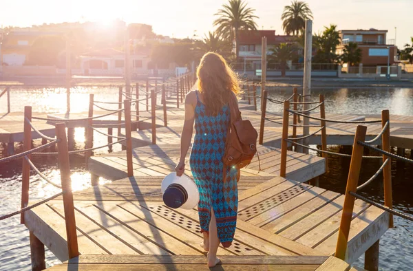 Woman Walking Sunset Wooden Pier Sea Palm Tree — Stockfoto