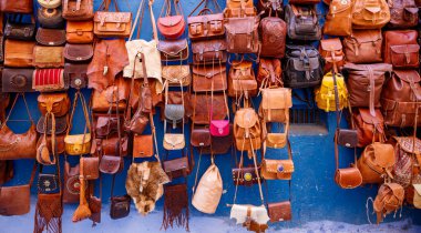 leather bag in the streets of Morocco city, Chefchaouen
