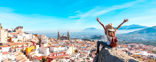 Woman Tourist Jaen Looking Panoramic View Cathedral Spain — Fotografia de Stock