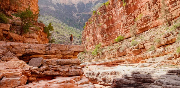 Gelukkige Vrouw Toerist Marokko Canyon Reizen Avontuur Toerisme Agadir — Stockfoto