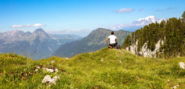 Hiker Man Mountain Peak Enjoying Panoramic View France — Stock Photo, Image