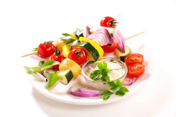 Vegetable Skewer Plate Dipping Sauce Bowl Healthy Eating — Stock Photo, Image