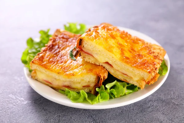 Kızarmış Peynirli Sandviç Salata Croque Monsieur — Stok fotoğraf