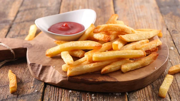 French Fries Ketchup Wooden Board — Stock Photo, Image