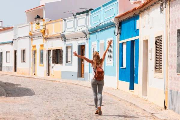 Woman Walking Colorful Portuguese Street Tourism Algarve Portugal Travel Europe — Stock Photo, Image