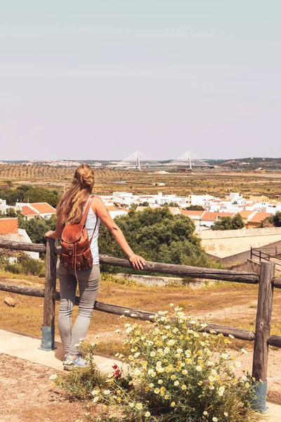 Woman Tourist Looking Panoramic View Portugal Landscape Bridge Border Spain — Stock Photo, Image