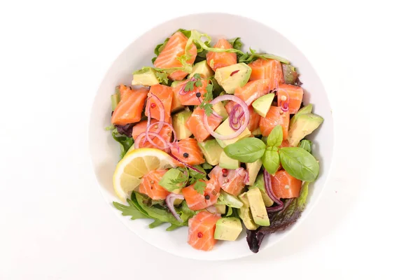 Fresh Mixed Salad Avocado Salmon Basil White Background — Stock Photo, Image