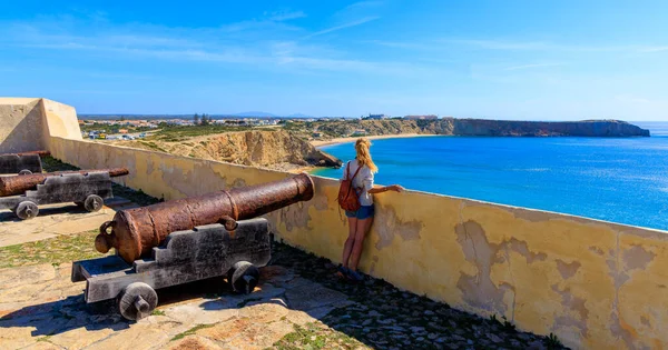 Touristin Sagres Reisen Europa Portugal Faro Sagres — Stockfoto