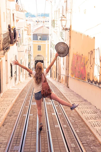 Happy Woman Traveler Europa Tourism Lisbon Portugal — Stock Photo, Image