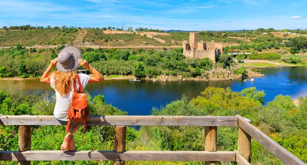 Woman Tourist Traveling Portugal Almourol Castle — Stock Photo, Image