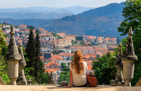 Lamego City Landscape Panoramic View Woman Travel Portugal Viseu Province — стокове фото
