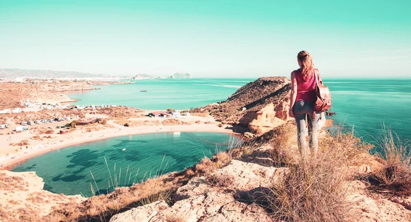 Stock image Woman tourist enjoying beautiful beach and Andalusian coast in Spain