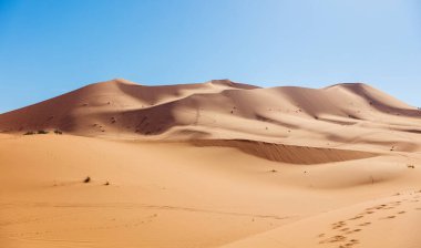 Mavi gökyüzü olan kum tepeciği manzarası Fas 'ta seyahat, Sahra Çölü' nde turizm.
