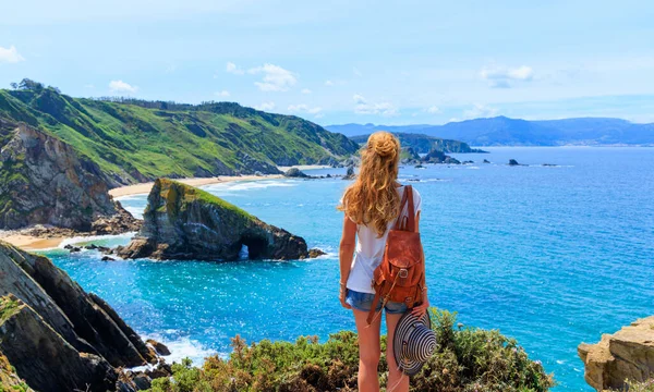 Woman Enjoying Panoramic View Galicia Coast Atlantic Ocean Spain Coruna — Stock Photo, Image
