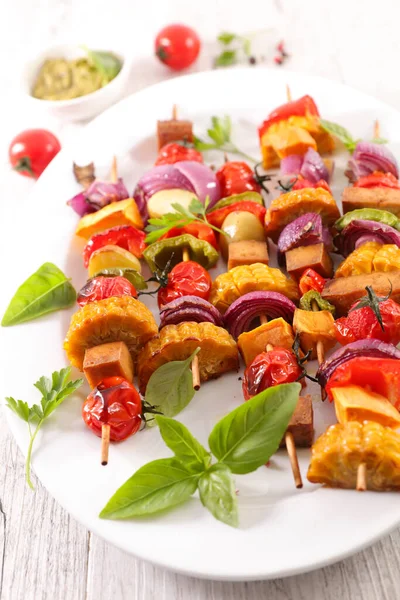 Grilled Vegetable Skewer Dipping Sauce Vegan Summer Barbecue — Stock Photo, Image