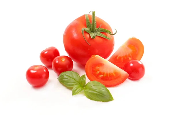Feuille Tomate Cerise Basilic Isolée Sur Fond Blanc — Photo