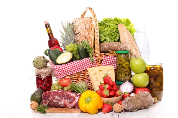 Skład Owocami Warzywami Mięsem Winem Organiczny Asortyment Żywności — Zdjęcie stockowe