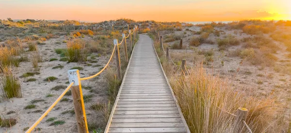 stock image Wooden walkway to the beach at sunset