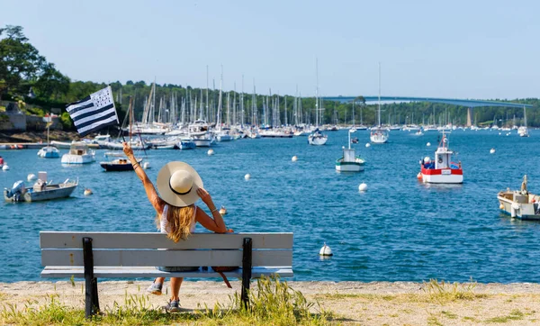 Woman Tourist Holding Breton Flag Brittany Morbihan France — Stock Photo, Image