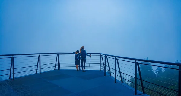 远足的母亲和孩子们享受着多雾的风景 — 图库照片