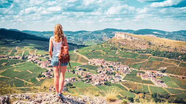 Vrouw Toerist Reist Frankrijk Bourgogne Landschap — Stockfoto
