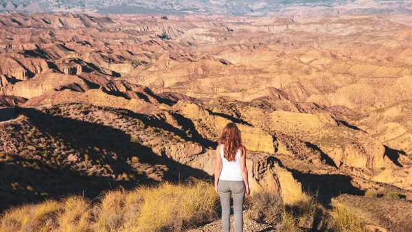 Frau Mit Blick Auf Wüstenlandschaft Reisen Einsamkeit Abenteuer Oder Fernweh — Stockfoto