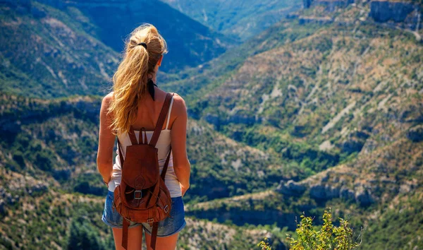 Mujer Pie Mirando Hermosa Vista Del Paisaje Excursionista Aventura Turismo —  Fotos de Stock