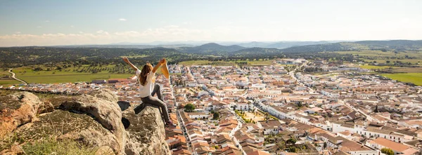 Happy Woman Sitting Rock Enjoying Panoramic View City Portugal Travel — Stock fotografie