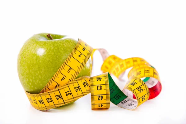 Zelené Jablko Opatření Tape Dieta Jídlo Zdravé Stravování Fitness Koncept — Stock fotografie