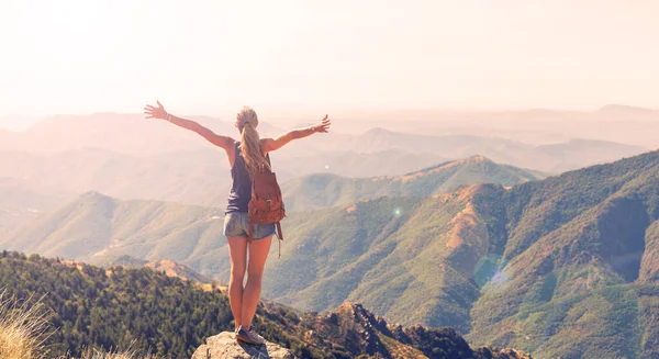 站在山顶上欣赏山脉全景的远足女性 法国的埃古尔山 成功的理念 — 图库照片