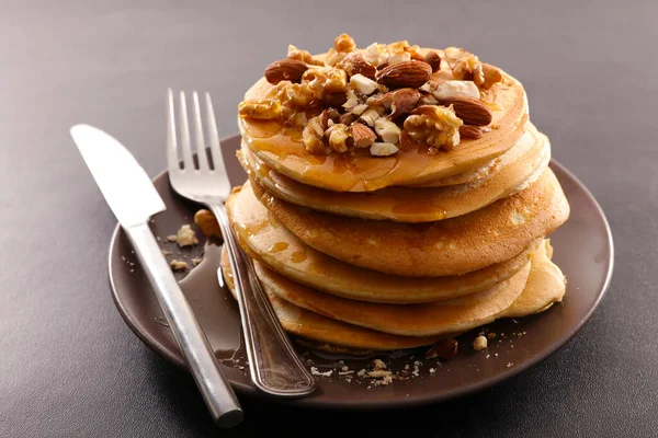 Homemade American Pancakes Dried Nuts Syrup — Stock Photo, Image