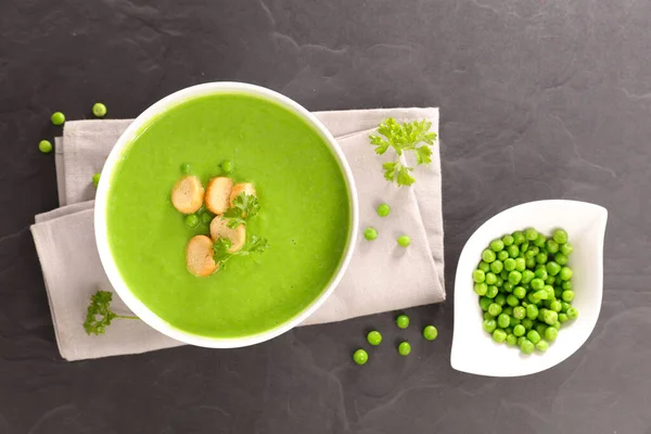Bowl Pea Soup Crouton — Stock Photo, Image