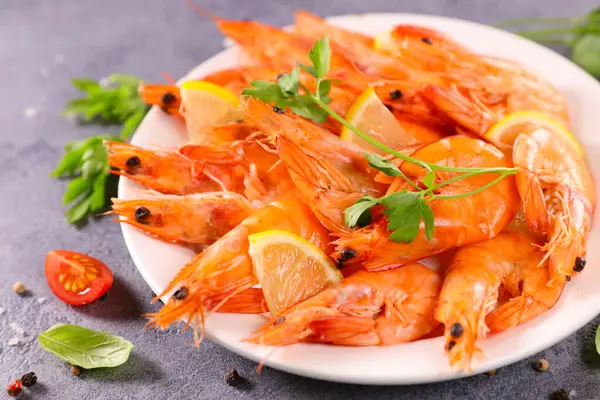 Hleahty Dietní Jídlo Vařené Krevety Talíři — Stock fotografie