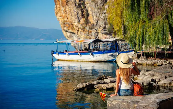 Traveler Woman Macedonia Ohrid Lake — Stock Photo, Image