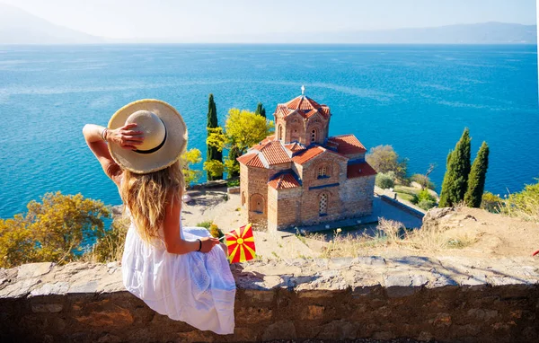 Macedonia Travel Tour Tourism Vacation Woman White Dress Macedonian Flag — Stock Photo, Image