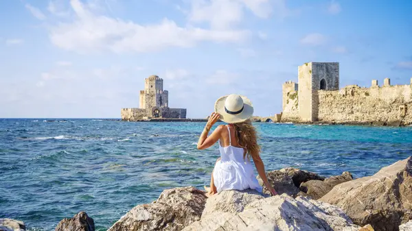 Glückliche Reisende Griechenland Der Bourtzi Turm Der Venezianischen Festung Methoni — Stockfoto