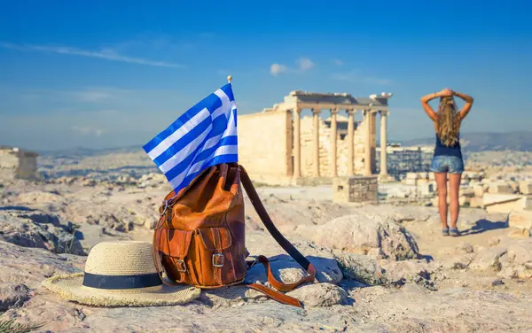 Bag Hat Greek Flag Woman Tourist Enjoying View Acropolis Greece — Stock Photo, Image