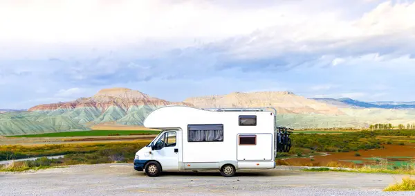 stock image Camper parked at colored mountain in Turkey