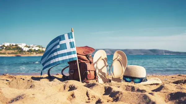 Resmål Eller Semester Koncept Grekland Grekisk Flagga Väska Hatt Och — Stockfoto