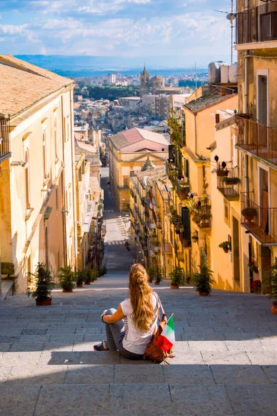 Woman Tourist Italian Flag Sitting Stairs Enjoying Town Center Caltagirone Stock Photo